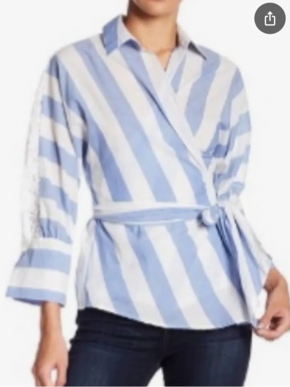 Romeo & Juliet Couture Striped Lace-Sleeve Wrap Top in Blue & White M